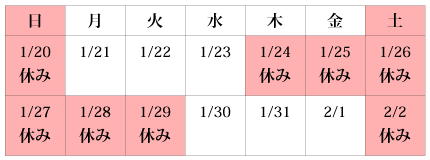 2013年1月臨時休業日カレンダー